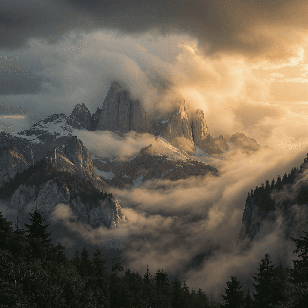 AI generated: Epic panoramic shot of towering forest mountains, peaks hidden under swirling mist, thunderclouds ab...