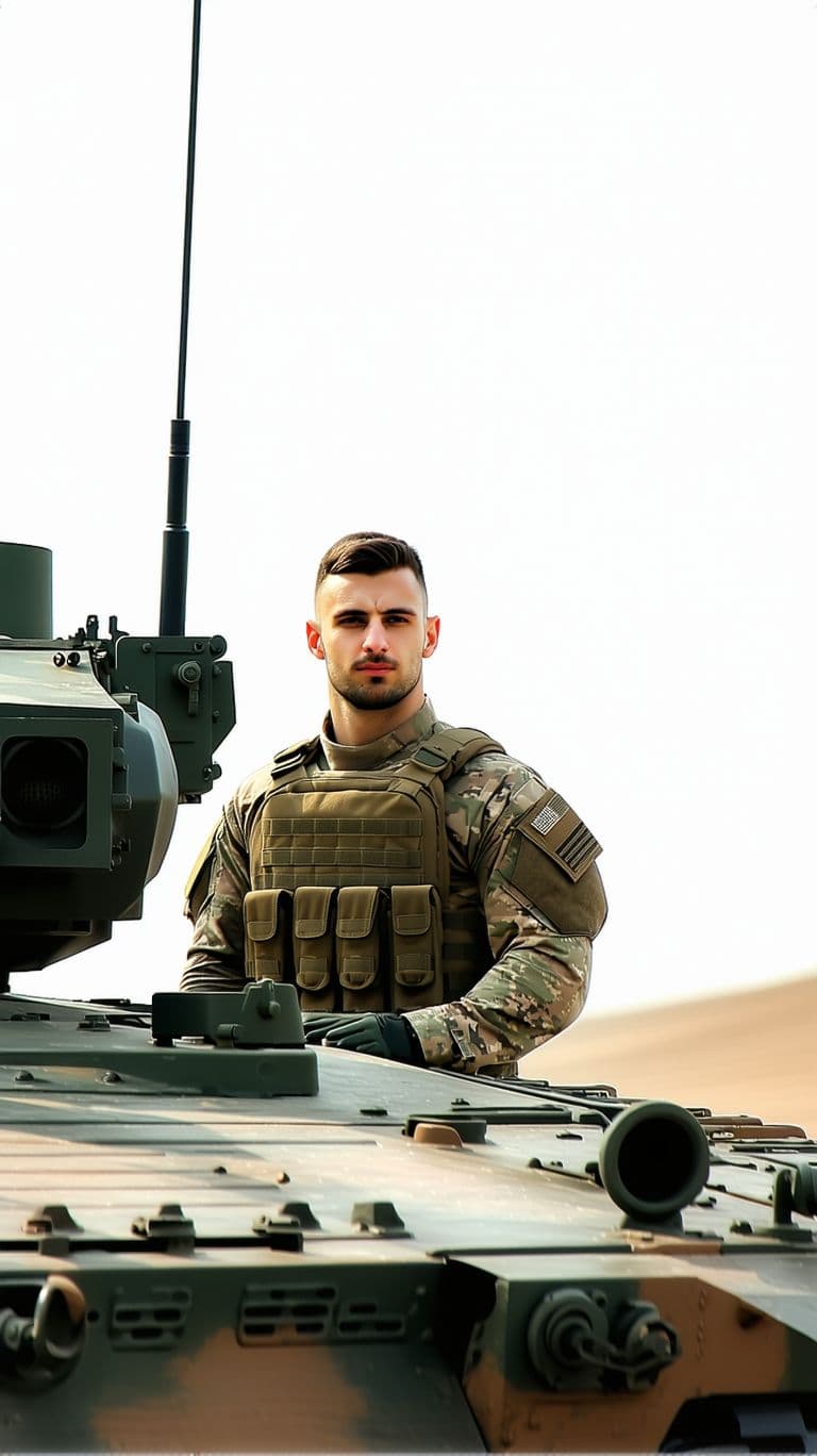 AI generated: nice man soldier standing behind an army TANK with military gear.