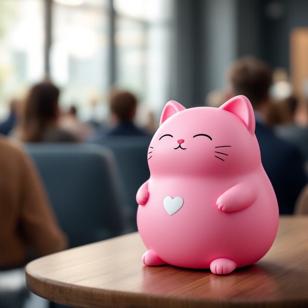 AI generated: picture of a pink company merchandise with a conference background. The cat looks like a anti-stress...