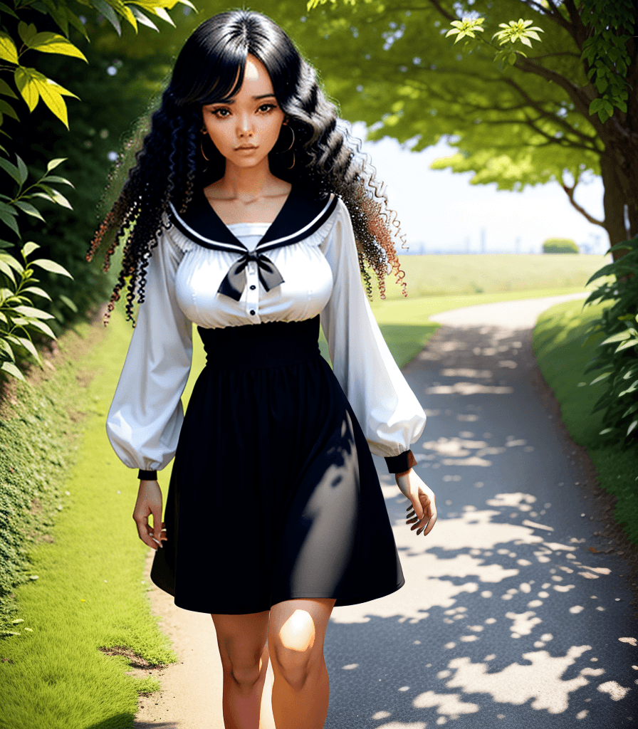 AI generated: (perfect anime illustration), 1girl, curly hair, long brown hair, (black sundress, huge breasts, whi...