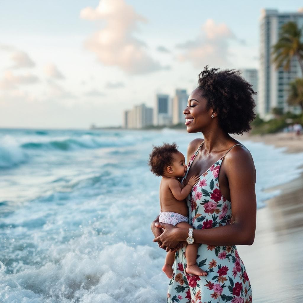 AI generated: african american family at the beach in miami 
