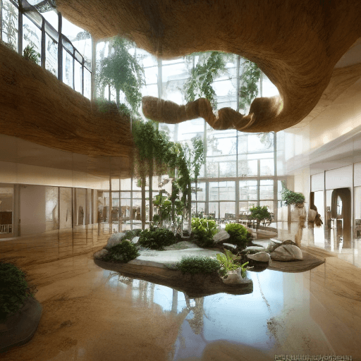 AI generated: High resolution photography interior design, dreamy wellness center, biophilia, arch windows, water,...
