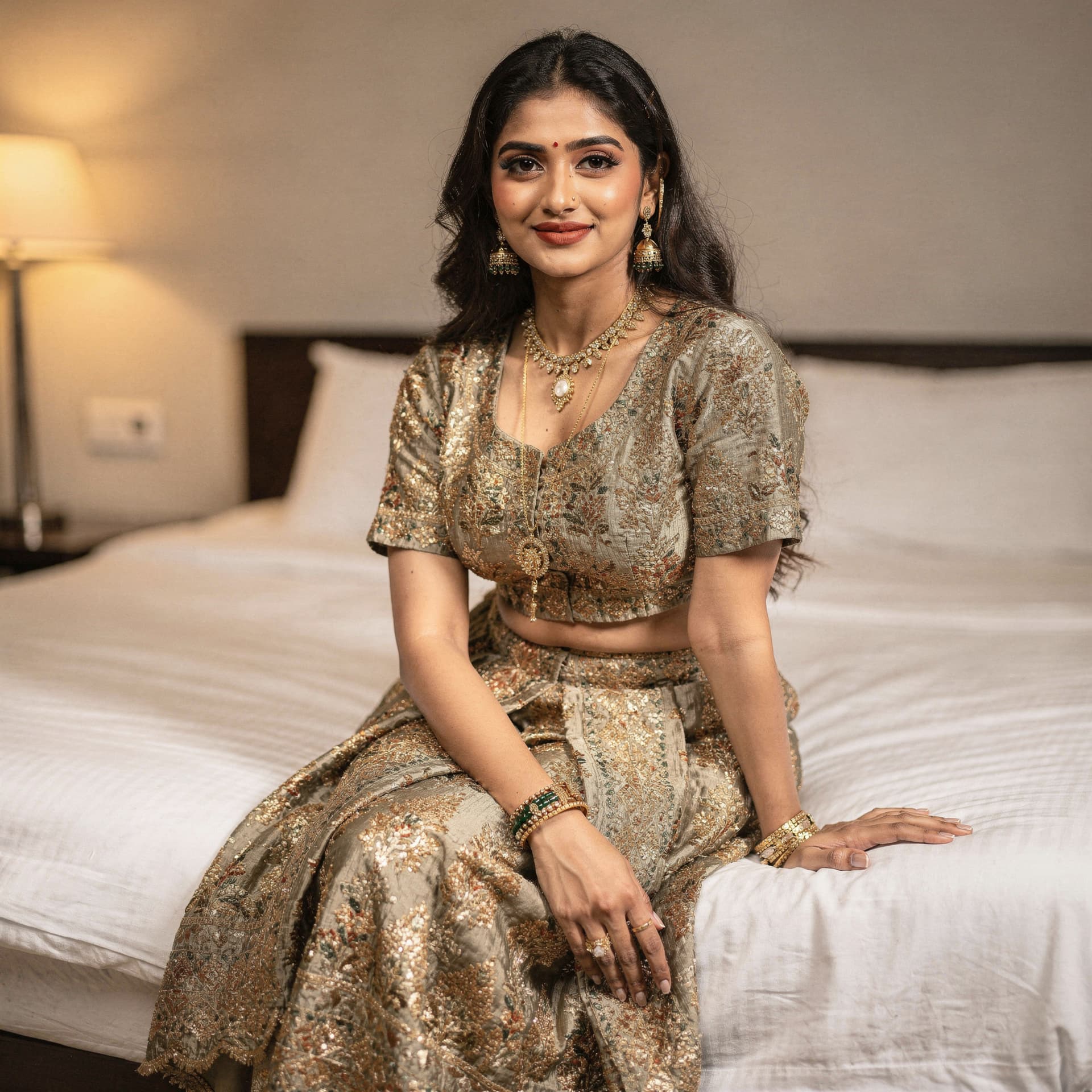 AI generated: hot glamour young indian aunty wearing only blouse without saree Only bra seating the bed