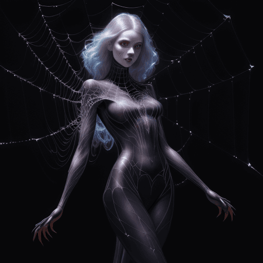 AI generated: a stunning realistic photoshoot of young pale skin lady, webs intigrating into glow hair, spider and...