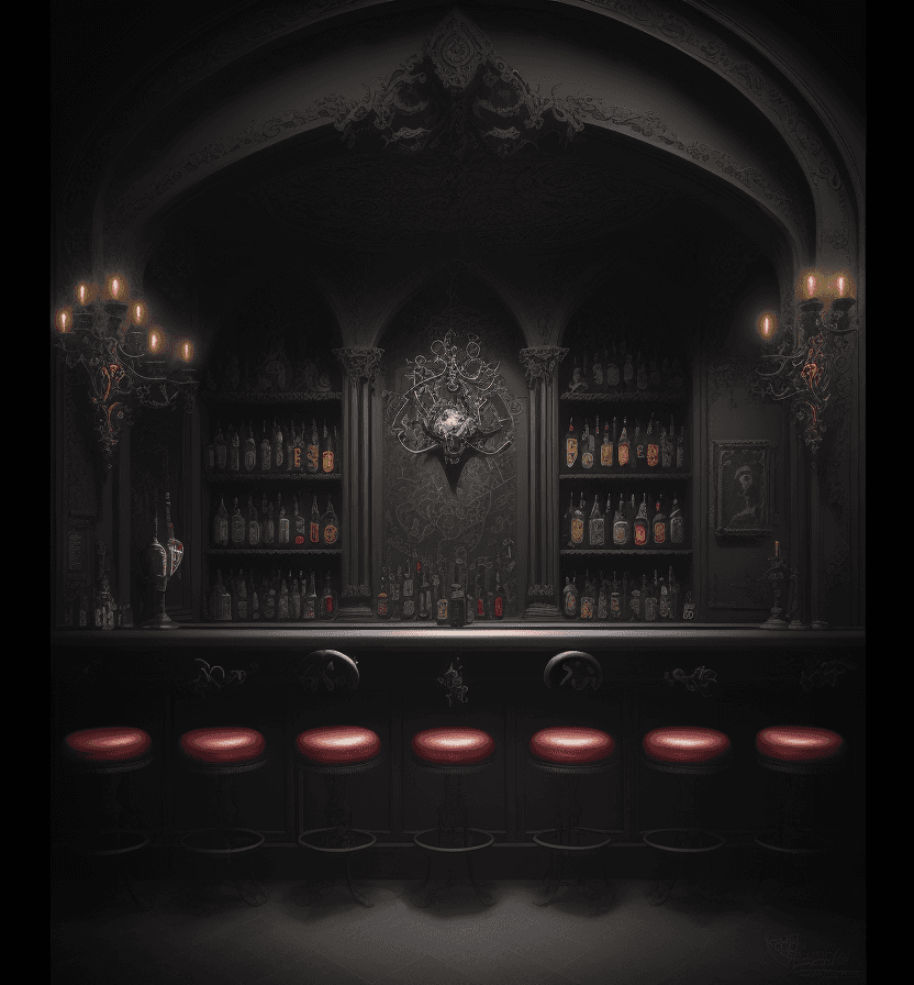 AI generated: image in gothic stop-motion technique, gothic bar, drawing, cartoon, professional artist, deep red, ...