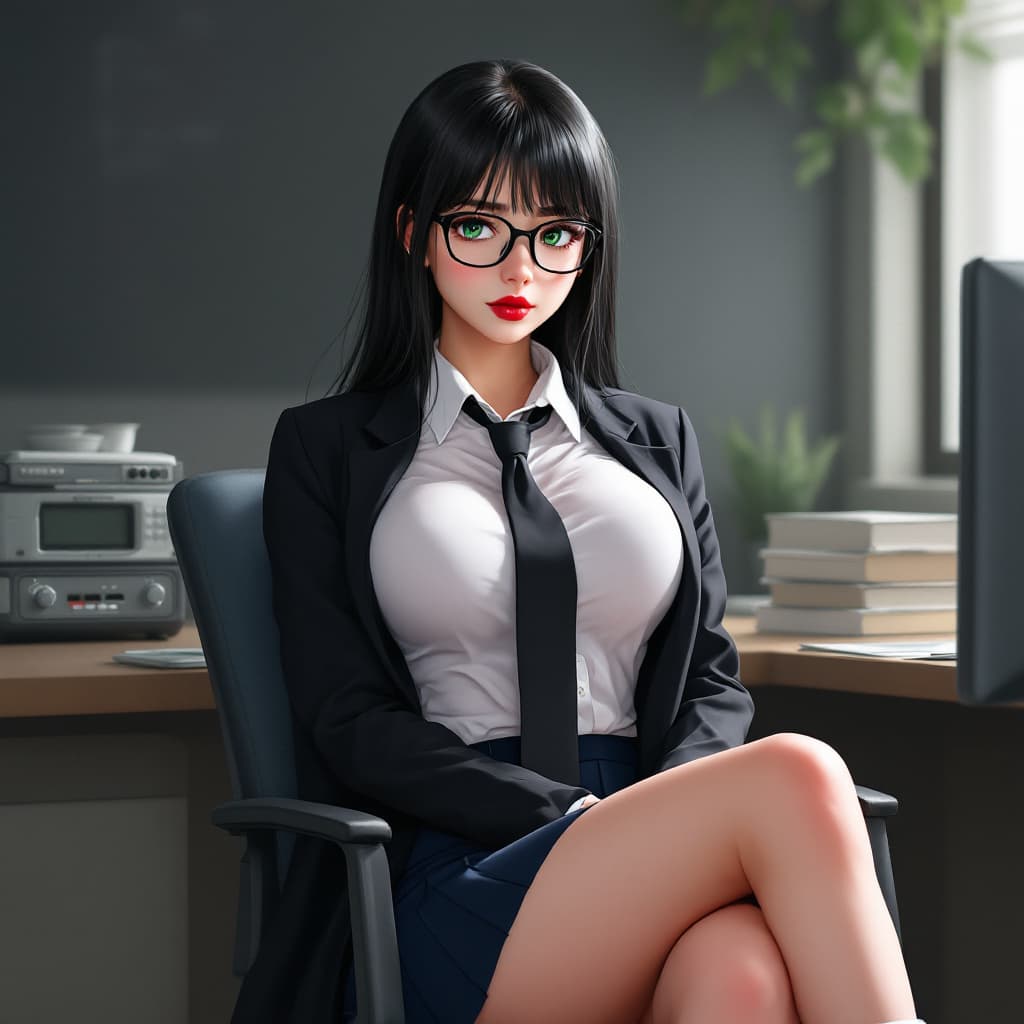 AI generated: woman, black hair, long hair, green eyes, black glasses, red lips, white shirt, black tie, black bla...
