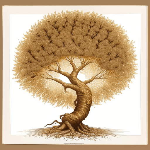 AI generated: drawing of a Brazilian tree, example aroeira, with a golden vision, illuminated with shades of brown...