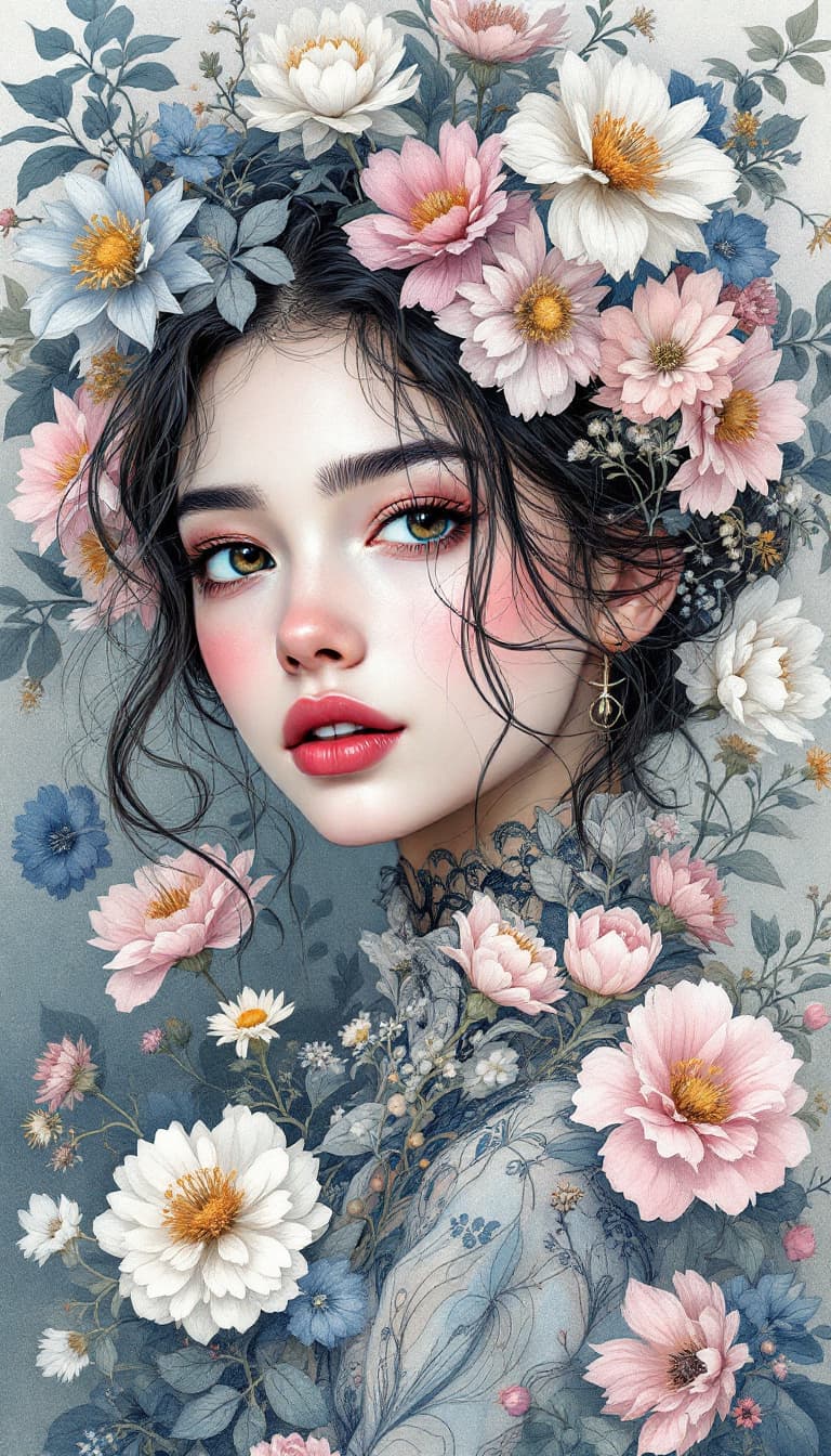 AI generated: picture of a girl dressed in flowers, in the style of artgerm, loose linework, lush and detailed, de...