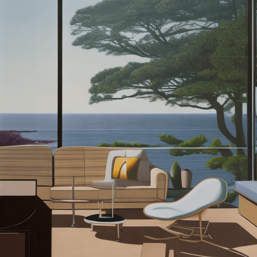 AI generated: Hyper realistic eye level exterior photo of a mid century modern style house overlooking the ocean, ...