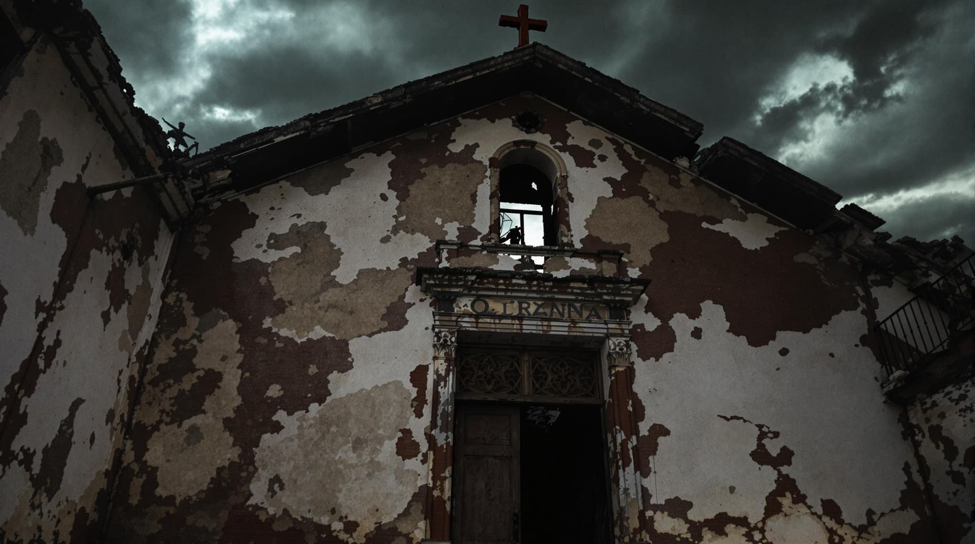AI generated: una iglesia antigua algo destruida por el paso de una guerra, sus paredes dejan ver el caos que sufr...