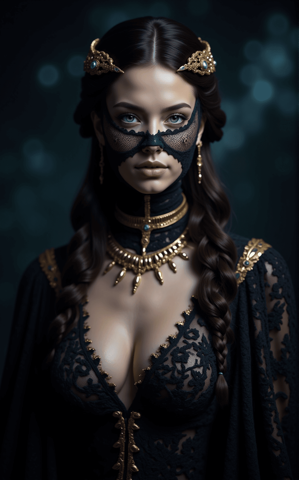 AI generated: This is a highly detailed full body photograph featuring a young, pale-skinned woman with long, wavy...
