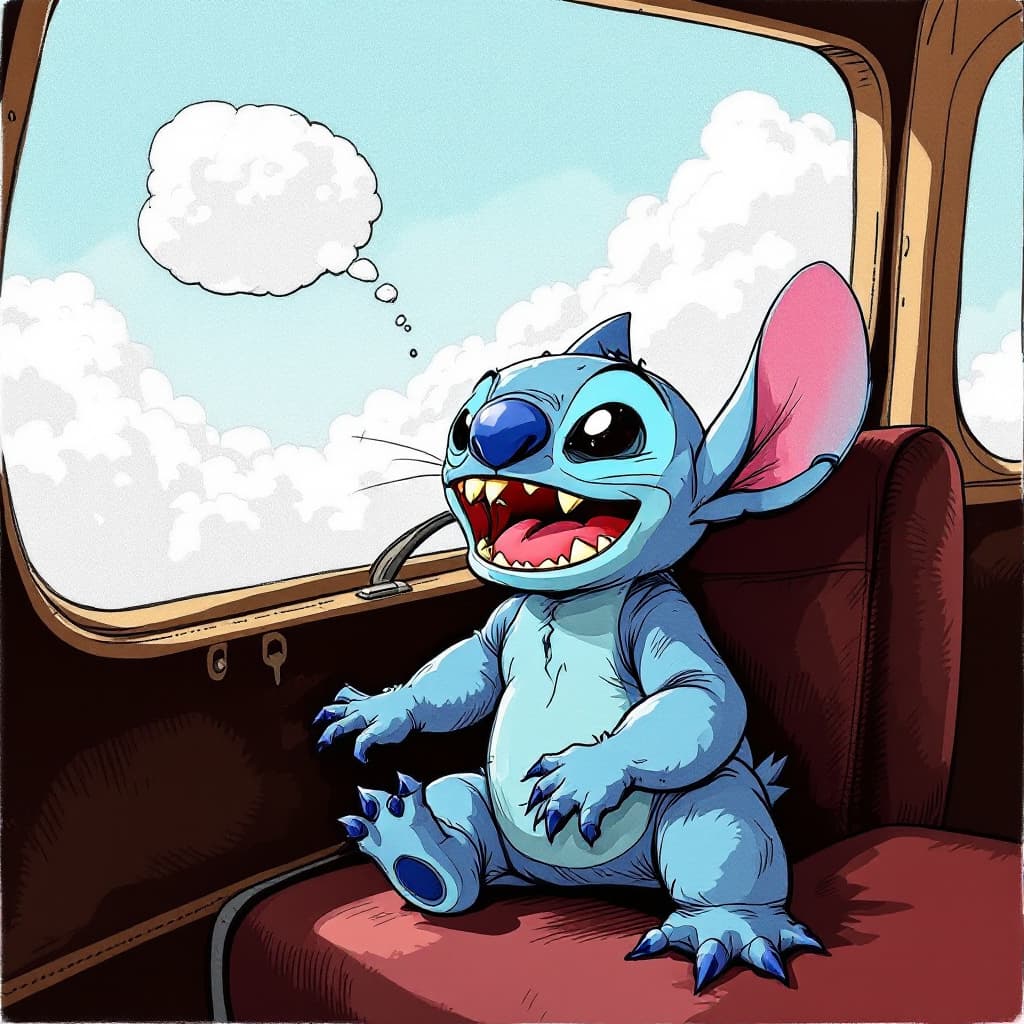 AI generated: Stitch,The action is hilarious,Pen and ink drawings,Fly a plane