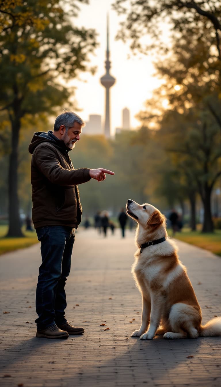 AI generated: A man is commanding his dog to sit in a park in Tehran. He extends his hand with his index finger po...