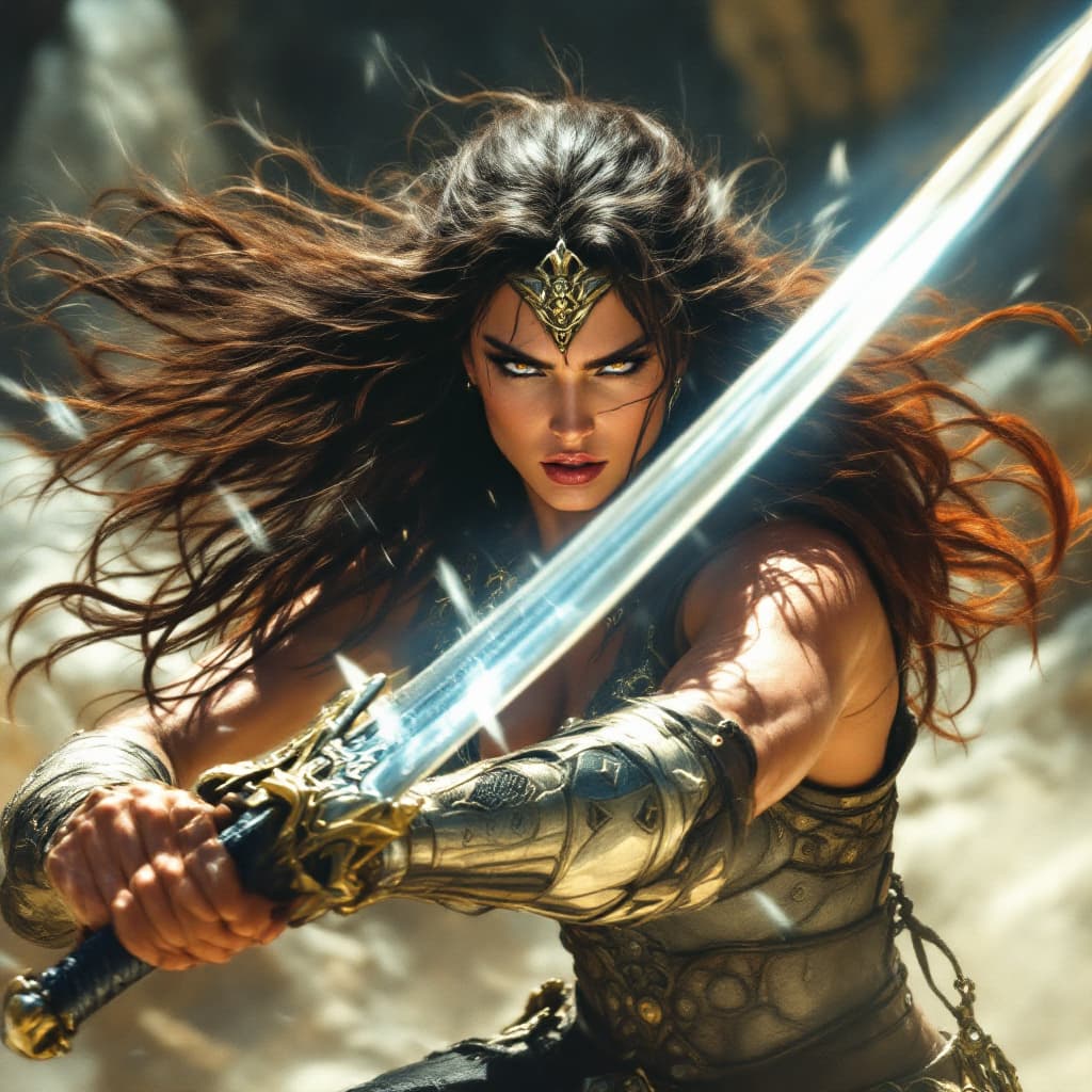 AI generated: xena a warrior princess, with her sword posing a strike, motion blur on the sword, she is fighting b...