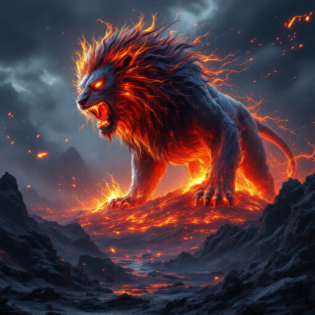 AI generated: Volcano+Lion full body fusion, facing front and roaring , lava body, (((High Definition, 32K, Ultra ...