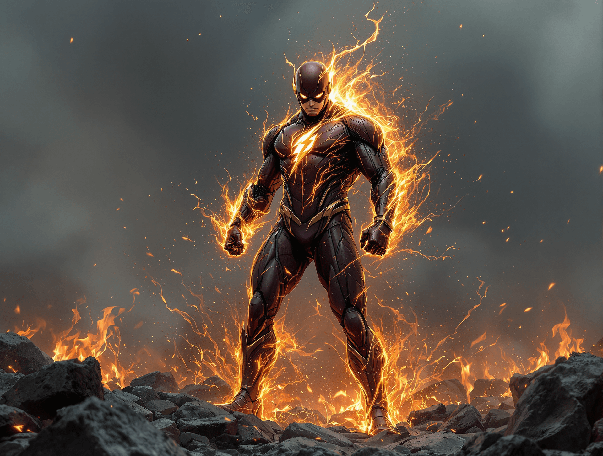 AI generated: Envision a fully body portrait of a flash comic  super hero rising from the ashes, standing on rocky...