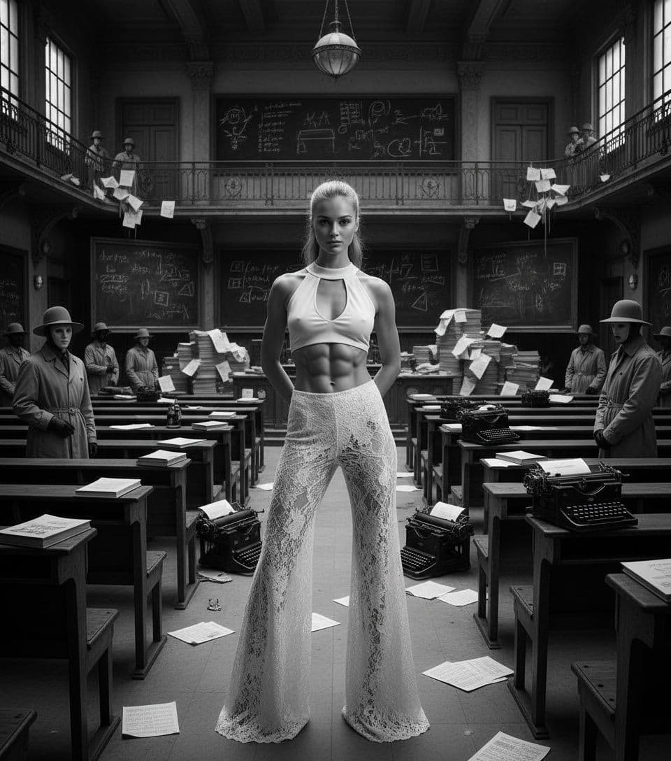 AI generated: dystopian style Black and white fashion photography of a young Norwegian-woman in her mid-twenties s...