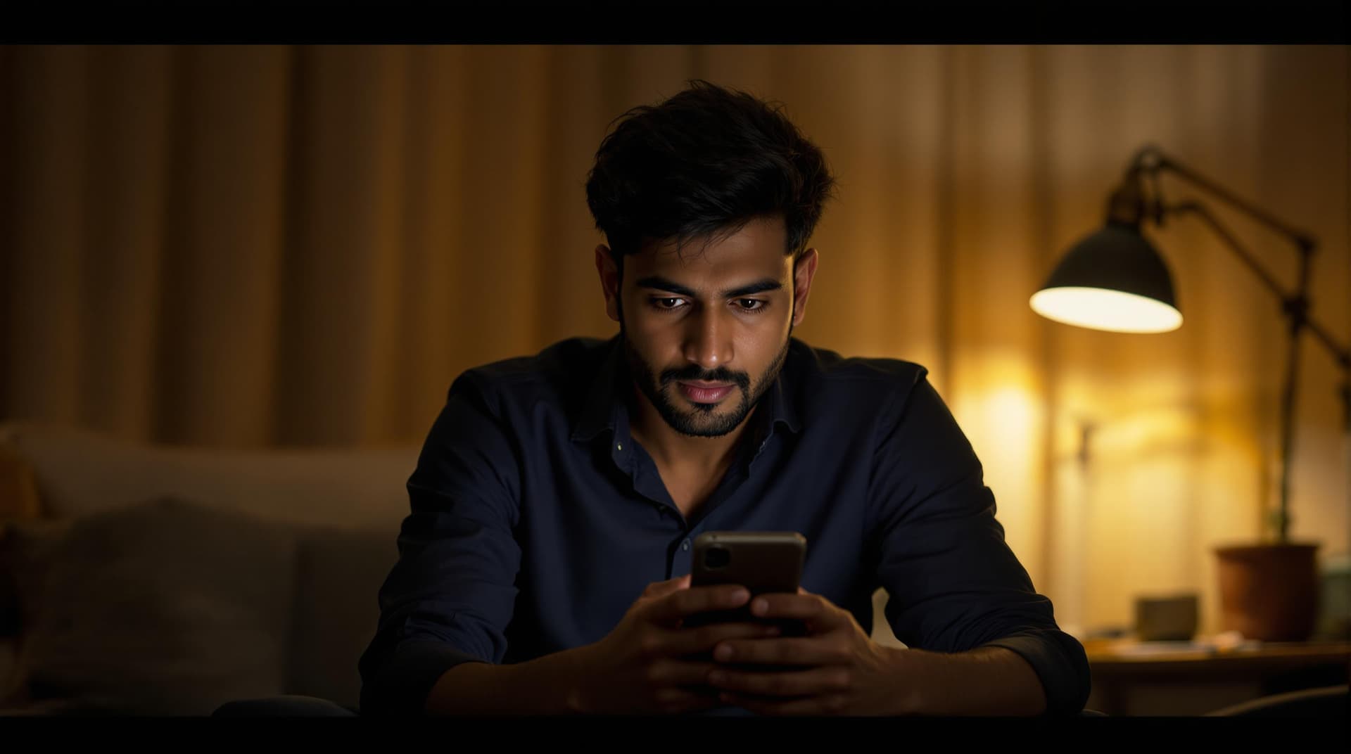 AI generated: (Cinematic UHD, young Indian man in his late 20s, wearing full-sleeve navy blue shirt, sitting alone...