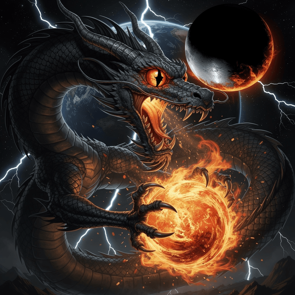 AI generated: a realistic furious Chinese dragon in black and gray, head turned 3/4 and mouth open in the foregrou...