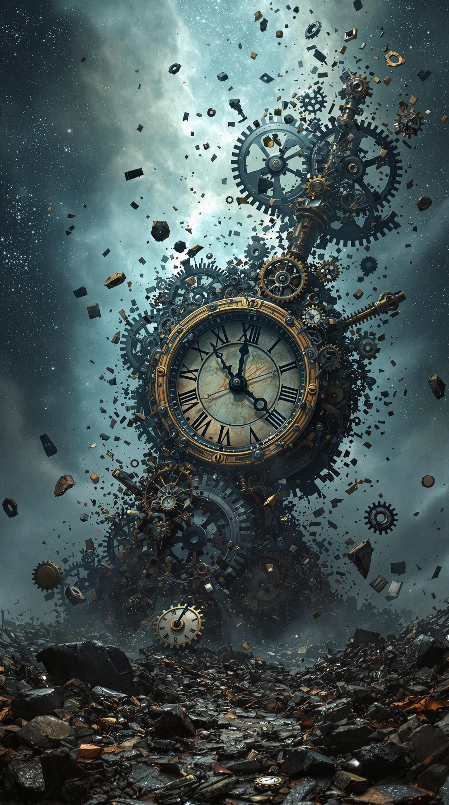 AI generated:  Steampunk style, shattered clock mechanism, cosmic universe background, tiffany mist, catastrophic ...