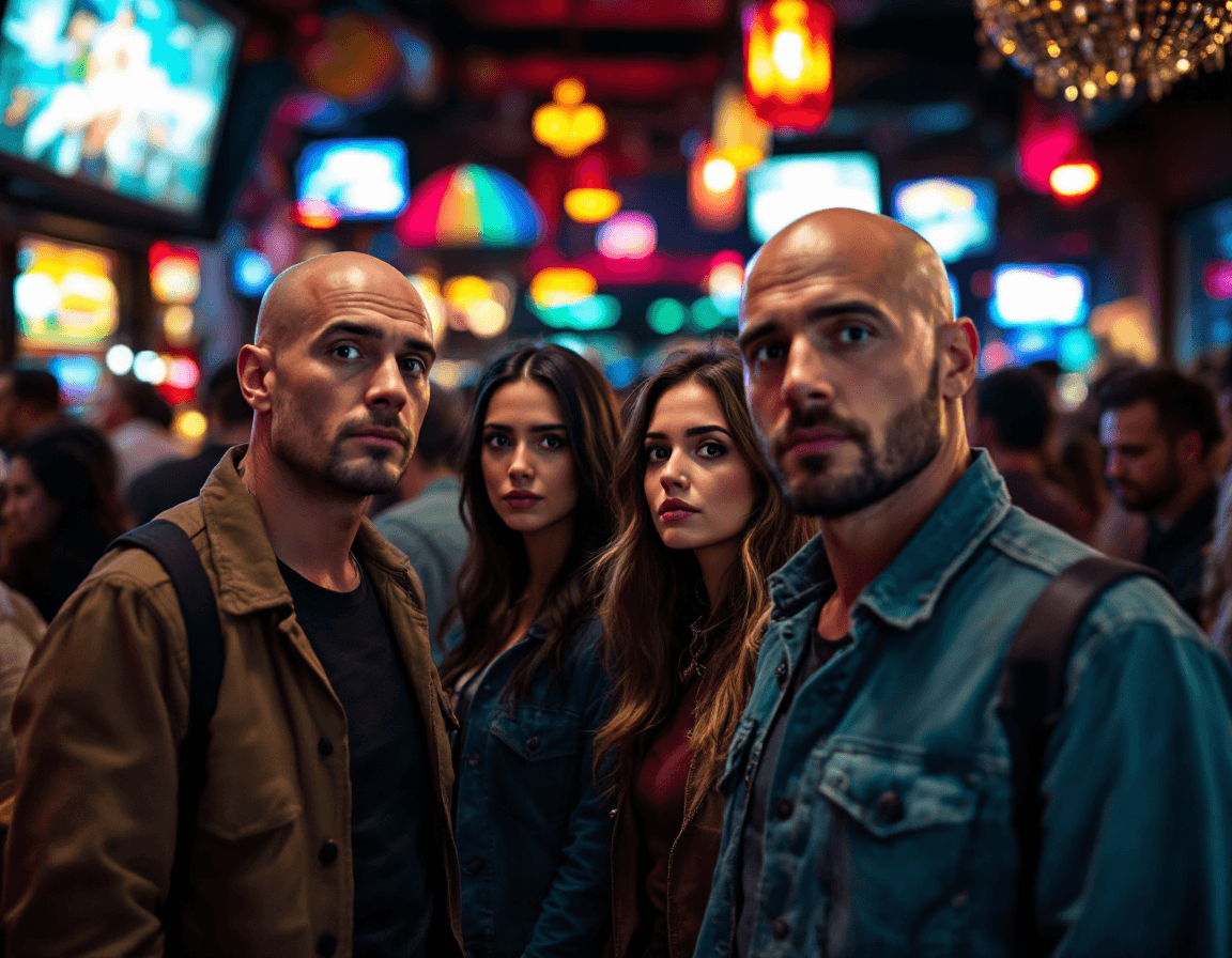 AI generated: Inside a crowded bar, at night. A group of 2 diverse bald men and 2 brunette women stand in the fore...