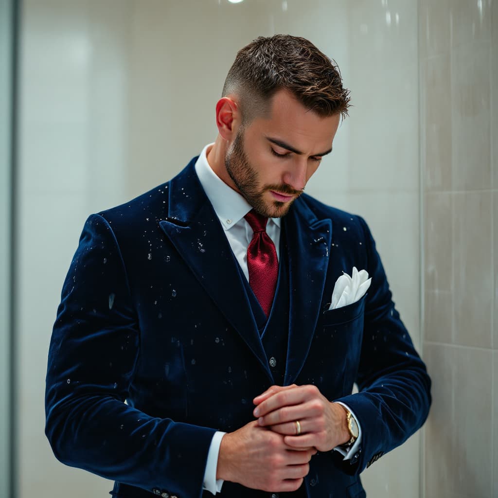 AI generated: Photograph of this man in a suit, standing in the shower. He is wearing a three-piece navy blue velv...