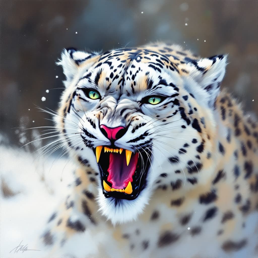 AI generated: snow leopard growling in a painterly style, thick brush strokes