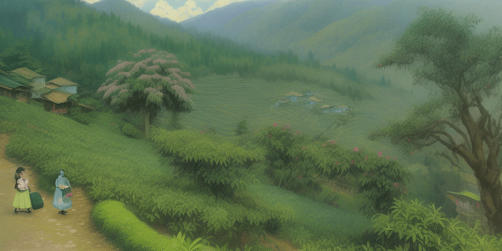 AI generated: In the vibrant tea garden mountainous area, a suitcase casually leans against a tea tree, with color...
