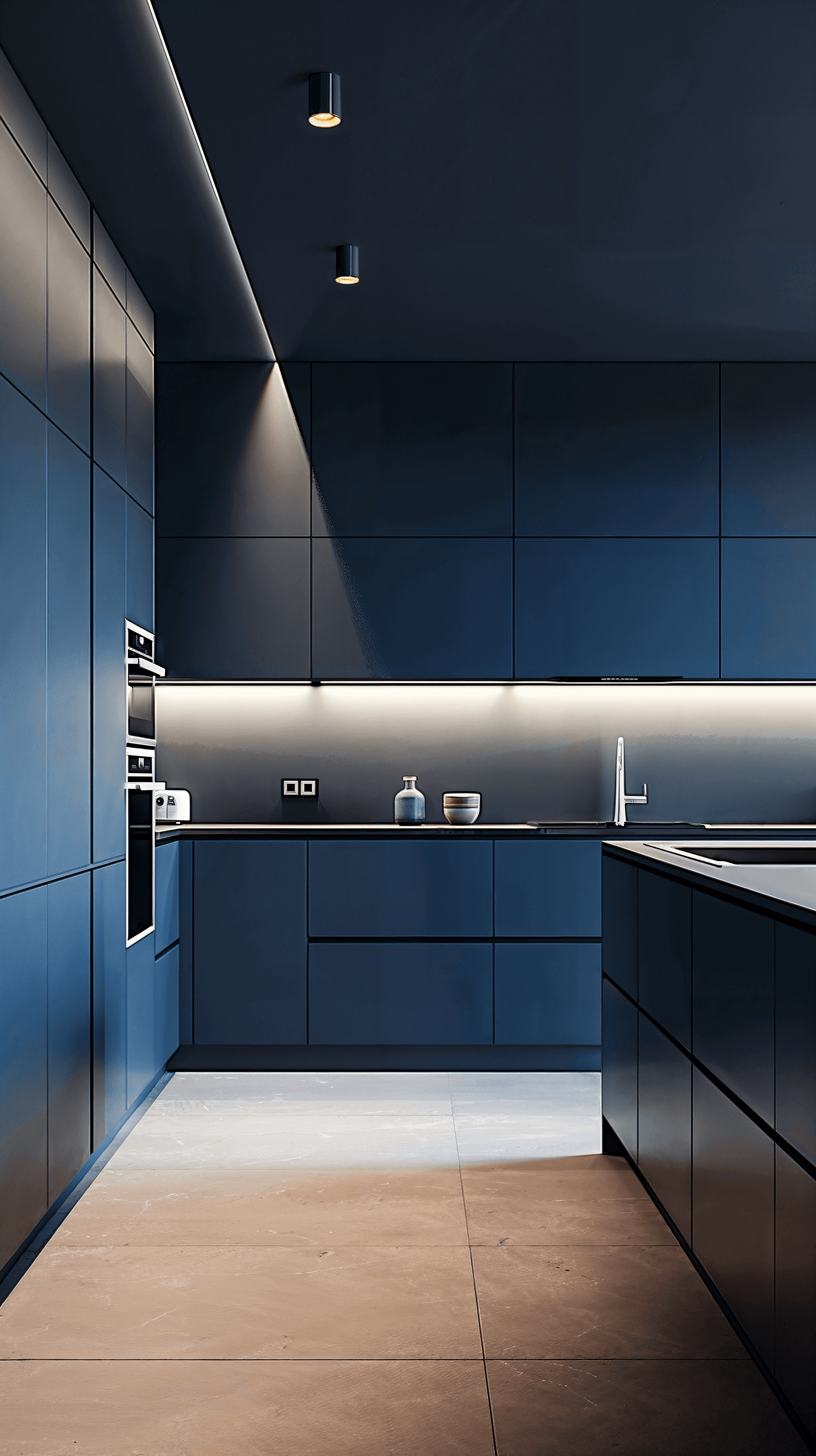 AI generated: photography, minimalist kitchen, front, matte deep blue, enhancing the clean, matte modern white fau...