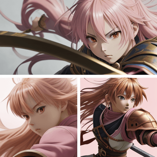 AI generated: anime warrior game screenshot, in the style of stylized realism, pink and bronze, large canvas sizes...