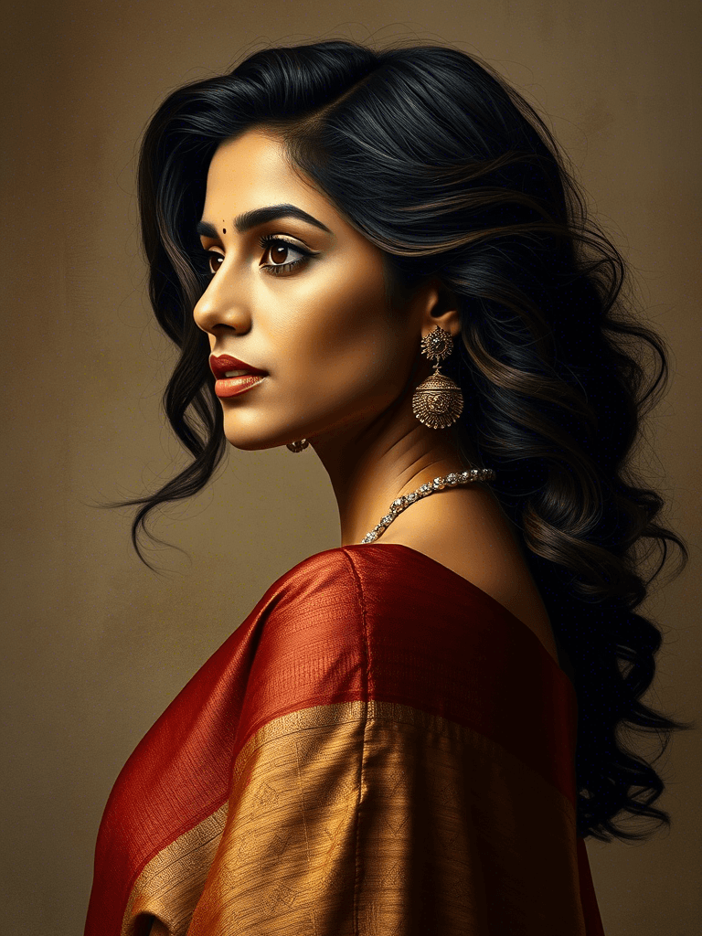 AI generated: create a camera wide angle shot of a full size Stunning portrait of Deepika Padukone wearing a sari,...