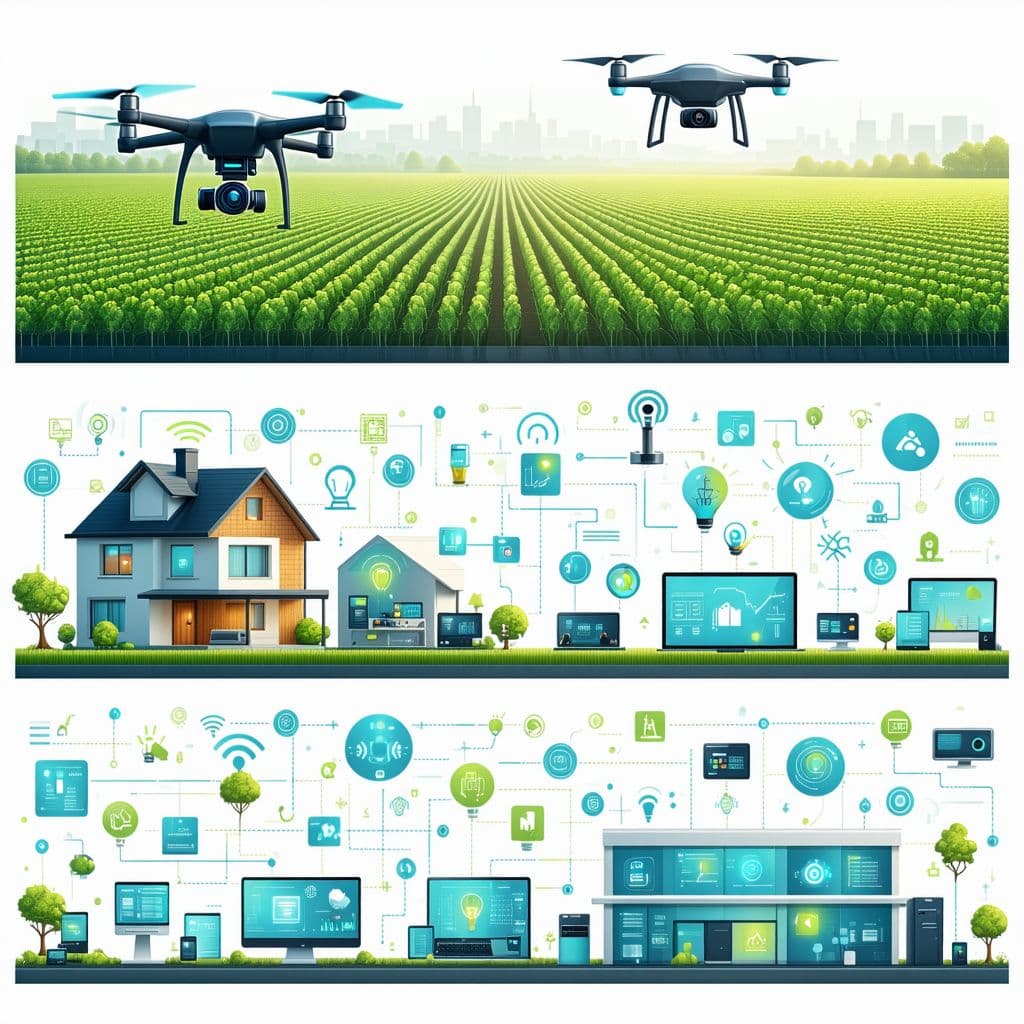AI generated: "An illustration showcasing multiple industry-specific IoT solutions. In the first section, a drone ...