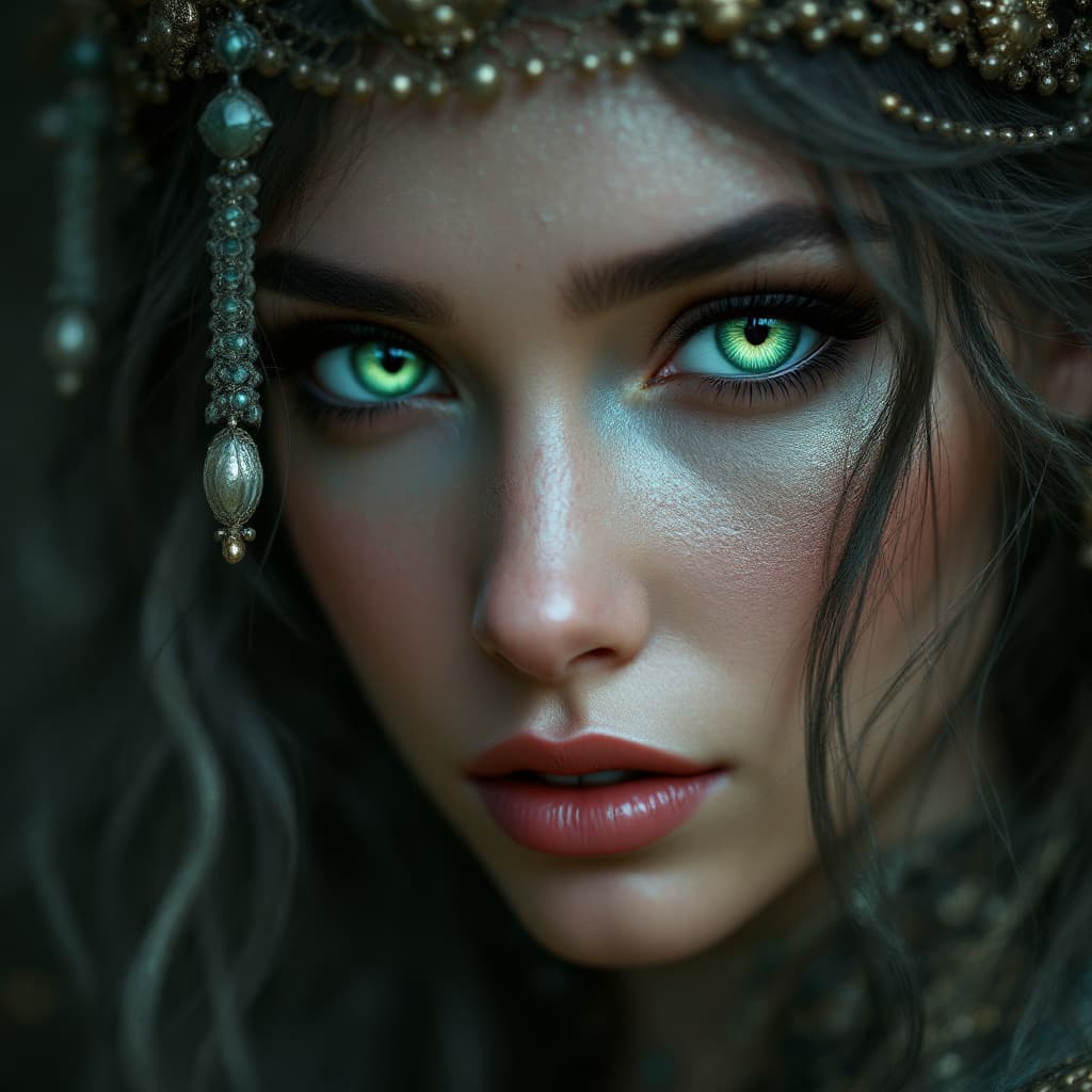 AI generated: a woman with green eyes, in the style of realism with fantasy elements, daz3d, fine art realism, mag...