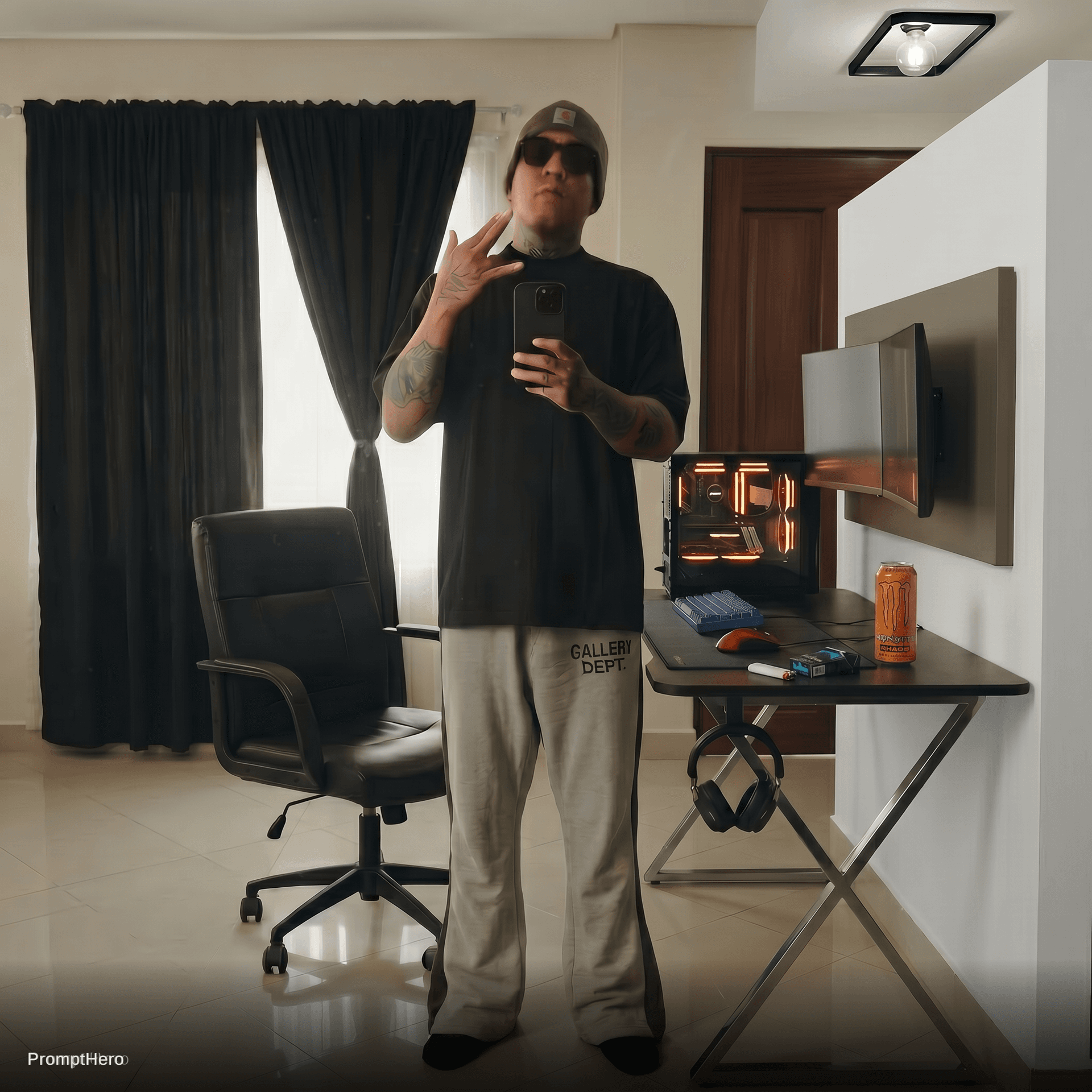 AI generated: Put a can of monster energy KHAOS, a small pack of Marlboro Iceblast cigarettes, and a white BIC sma...