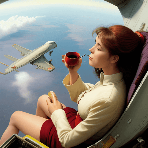 AI generated: woman drinking tea, sitting on thee wing of a flying plane
