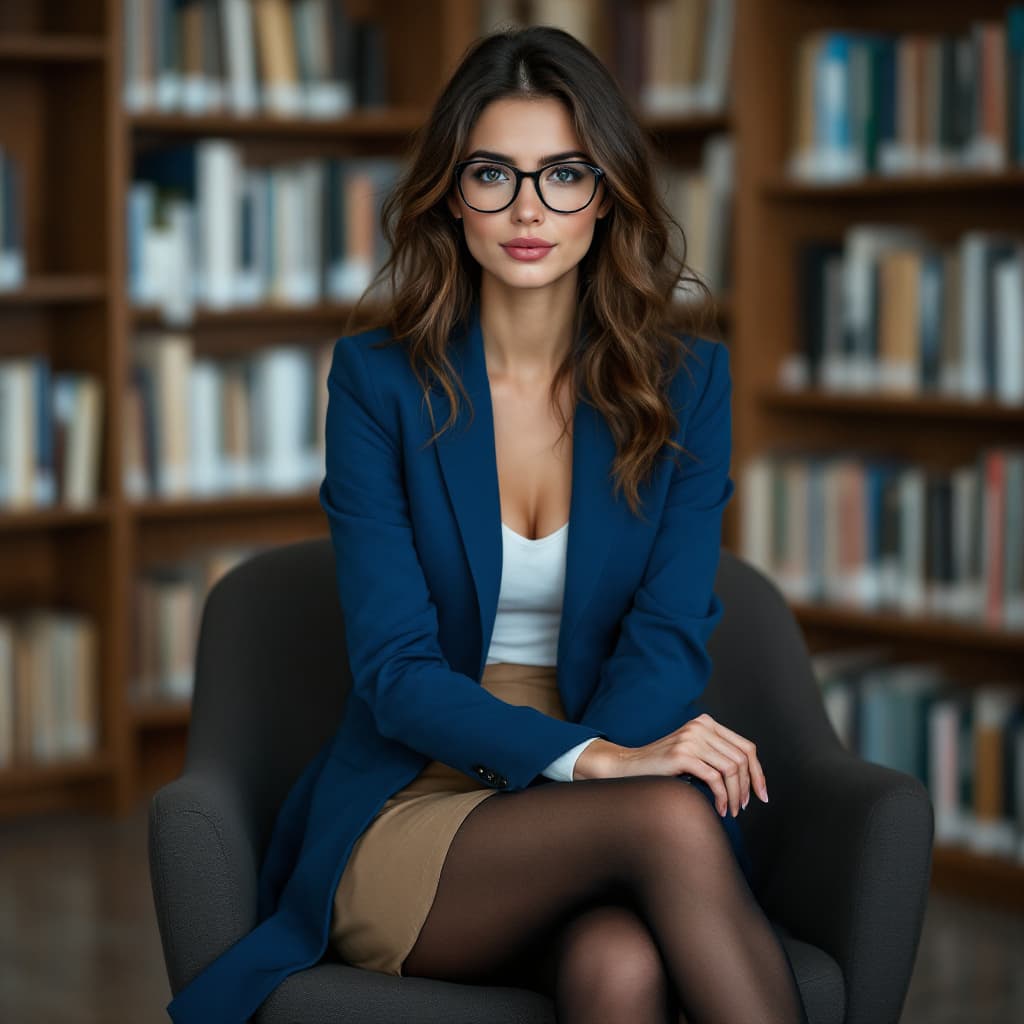 AI generated:  full body shot of a beautiful Caucasian professor, in a blue jacket and khaki miniskirt, black tigh...