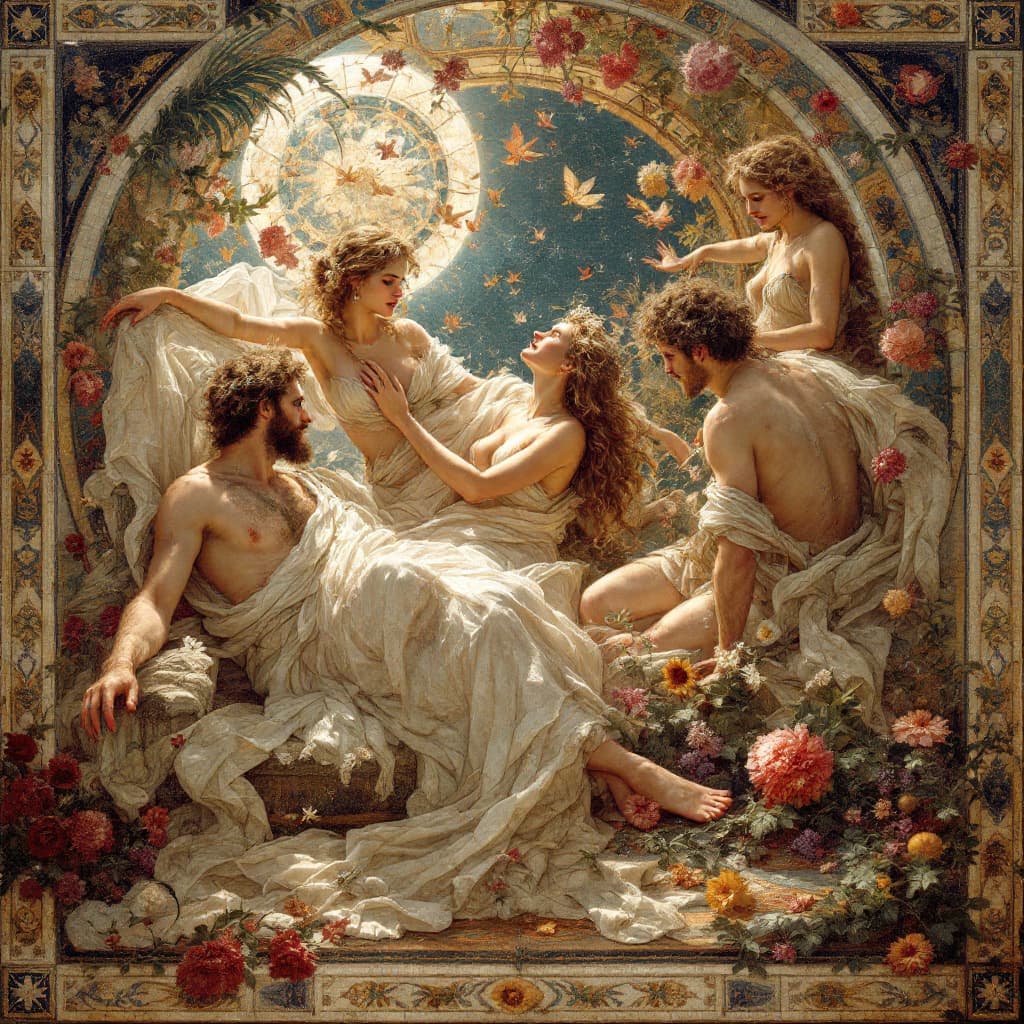 AI generated: Ancient Roman mosaic art depicting mythological scenes, in the lush, romantic, and detailed painting...