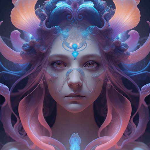 AI generated: Goddess close-up portrait ribcagel. jellyfish phoenix head, nautilus, orchid, skull, betta fish, bio...