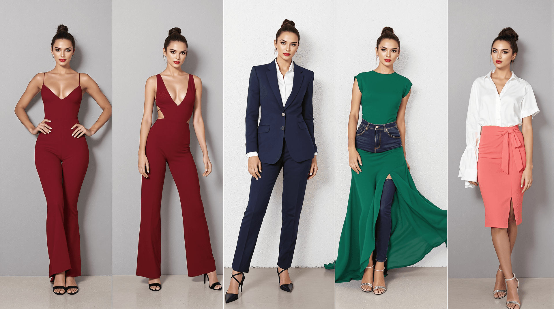 AI generated: A photorealistic 16:9 image showcasing five distinct full-body poses Emily Ratajkowski. Each pose fe...