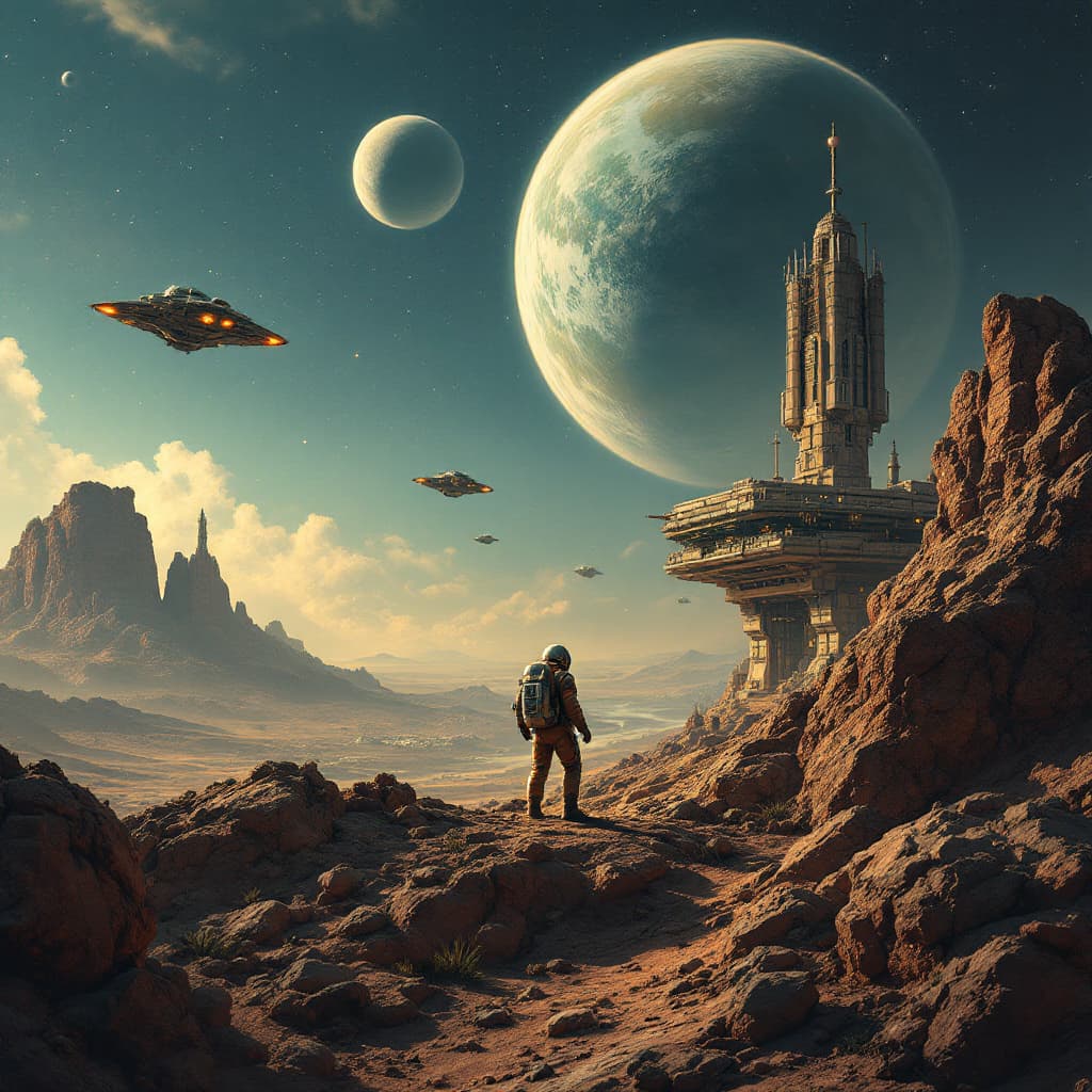 AI generated: An astronaut approaching a planet base that is under attack from Alien spaceships in the background ...