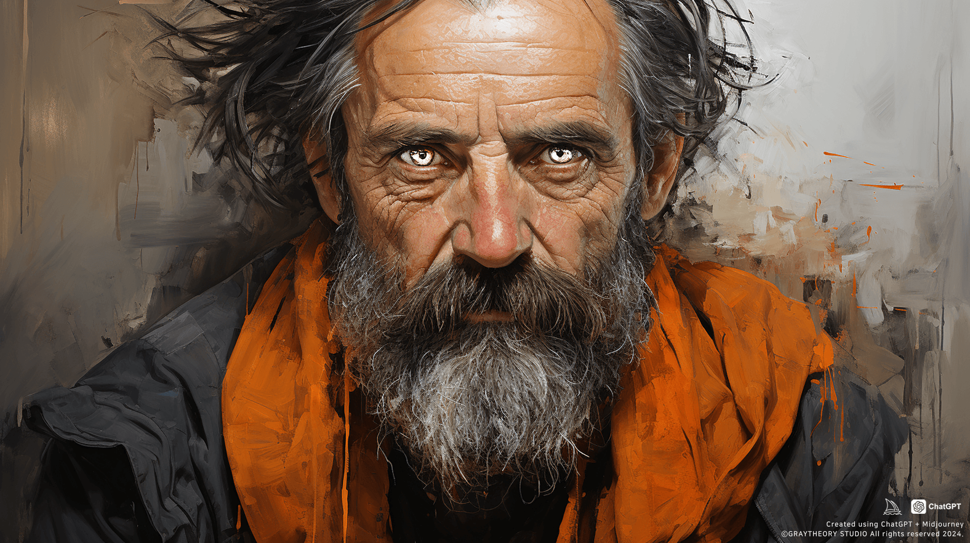 AI generated: old man, oil painting, grainy painting, Empty eye, minimalist Russian avant-garde drawing, many deta...