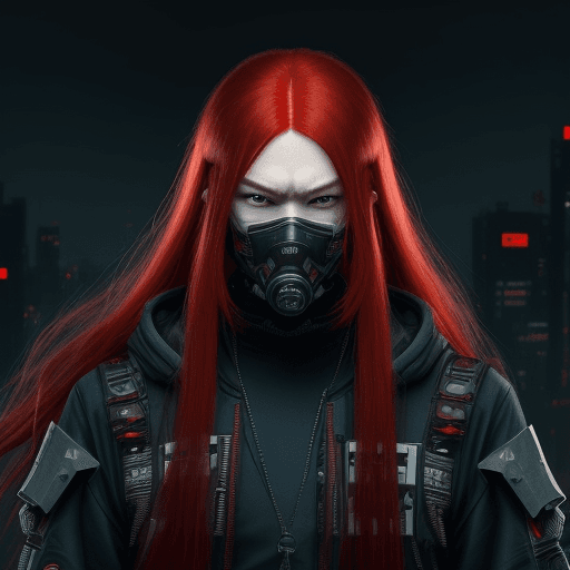 AI generated: Cyberpunk, Long Red Hair Man, Chinesse, Young, serious look, Masked
