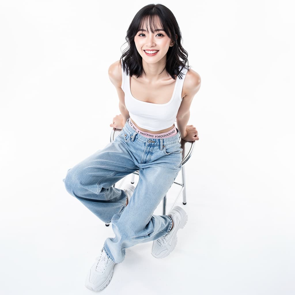 AI generated: A highly detailed, photorealistic, cinematic high-angle full-body studio shot of a cute and stylish ...