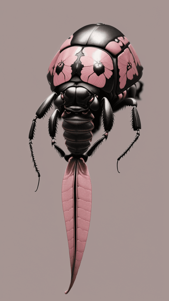 AI generated: floral beetle wearing a (long:1.2) pink (scarf:1.3), a beetle with arms and a head, (dark shot:1.17)...