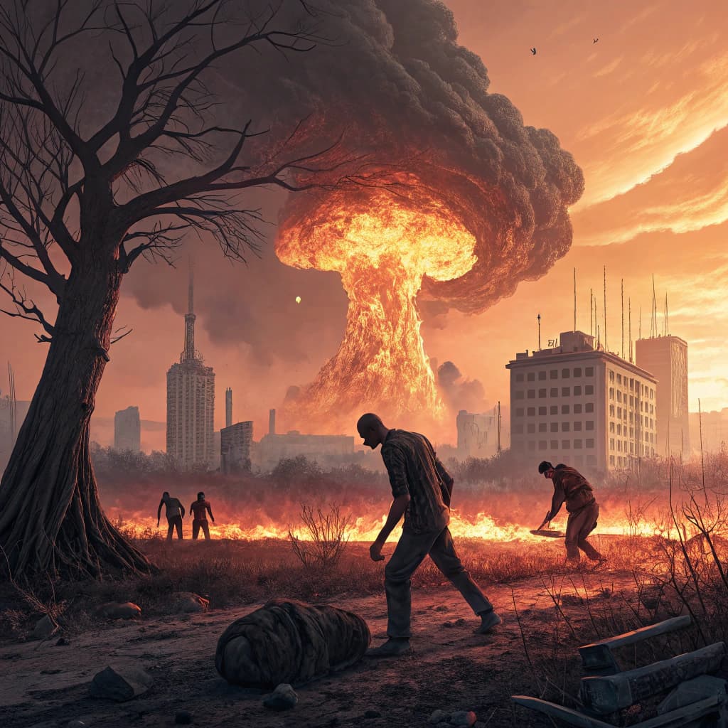AI generated: bodies being stripped of flesh during a nuclear blast. the heat ripping the fleash from the bones. t...