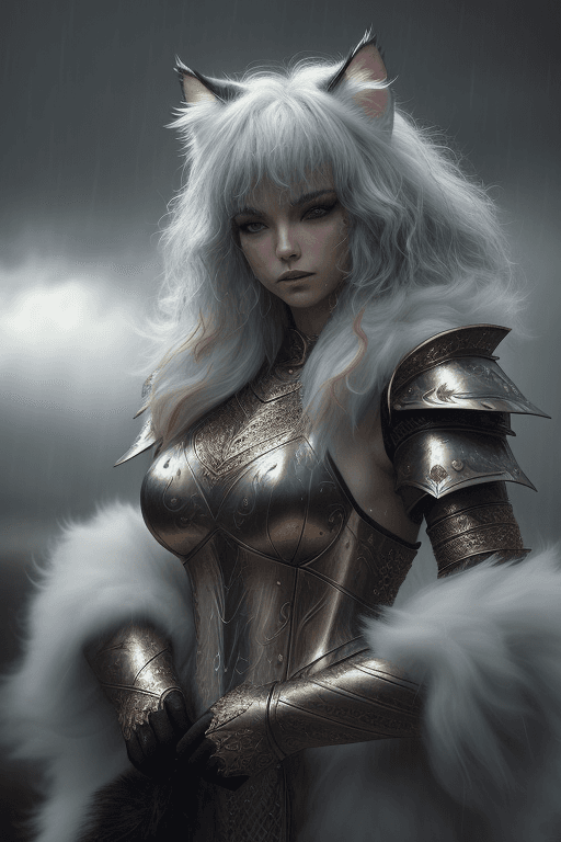 AI generated: cat, high ornamented light armor, fluffy fur, foggy, wet, stormy, 70mm, cinematic, highly detailed,9...