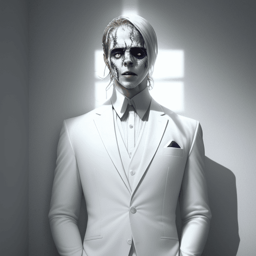 AI generated: Neatly dressed man dressed in a white suit standing in a brightly lit room, His eyes wide with fear,...