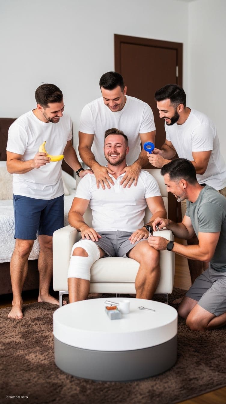AI generated: show dicks, hardcore, sex porn, 18-year-old, 
In this charming and humorous photo, five naked men ga...