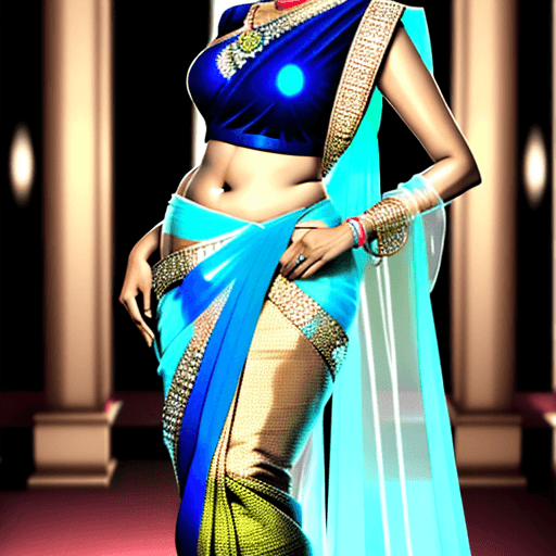 AI generated: Bold and gorgeous Indian mother wearing shiny transparent saree which is showing her backer body cle...