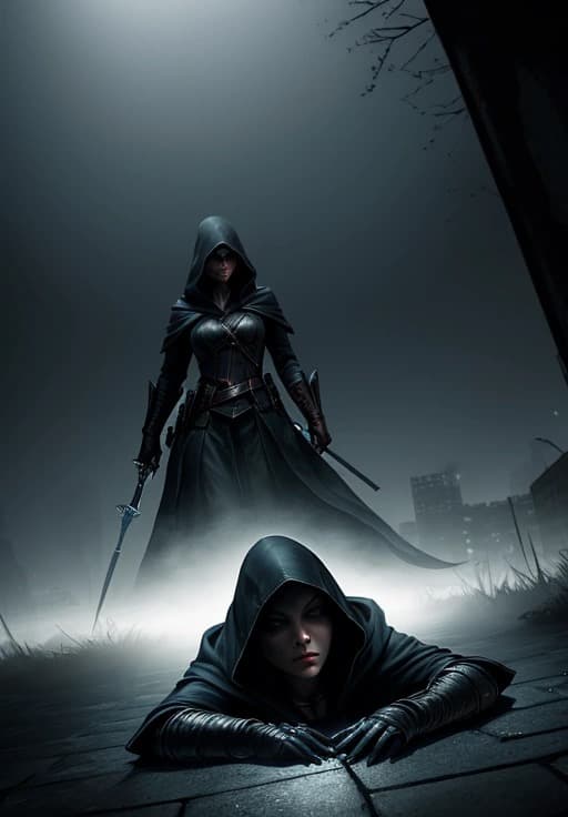 AI generated: female assassin,hood, in the night, city, flowing fog, realistic depiction of dim light and shadow, ...